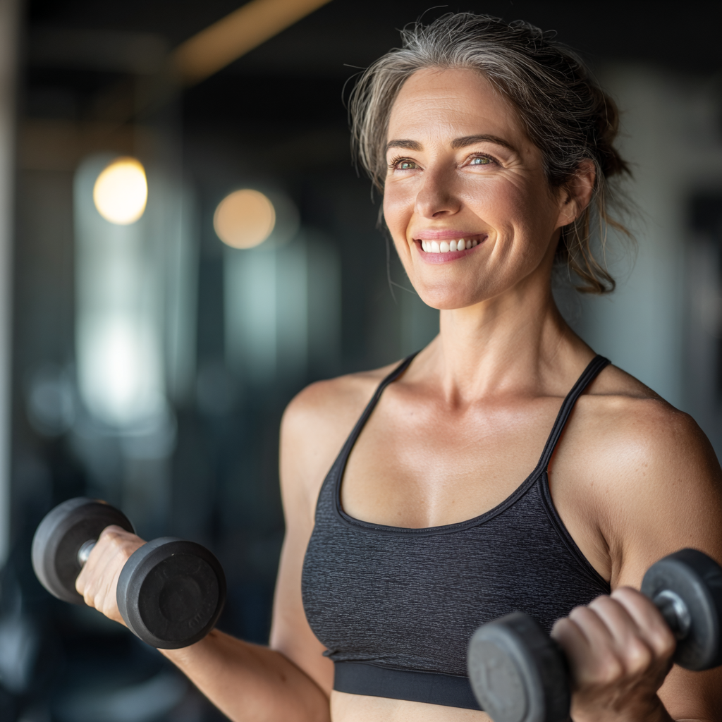 Confident woman in her forties wearing athletic wear, smiling while holding dumbbells in a modern fitness studio with natural lighting