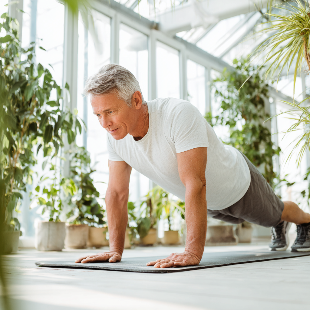 Mature man in his early fifties performing a plank exercise on a yoga mat in a bright, airy fitness space with plants in the background